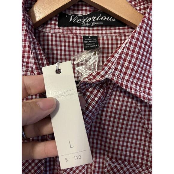 VICTORIOUS Urban Couture Sz L Men Shirt Long Sleeve Button Down Red Plaid Eagle - Picture 8 of 10